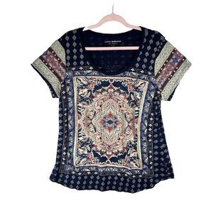 Lucky Brand‎ Womens Top 1X Blue Short Sleeve Mandala Boho Festival Stretch Soft